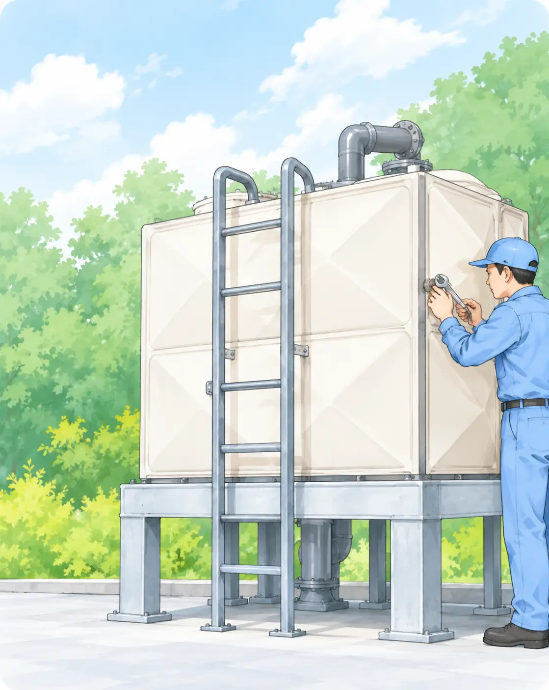 水まわり設備の修繕箇所を確認する作業員